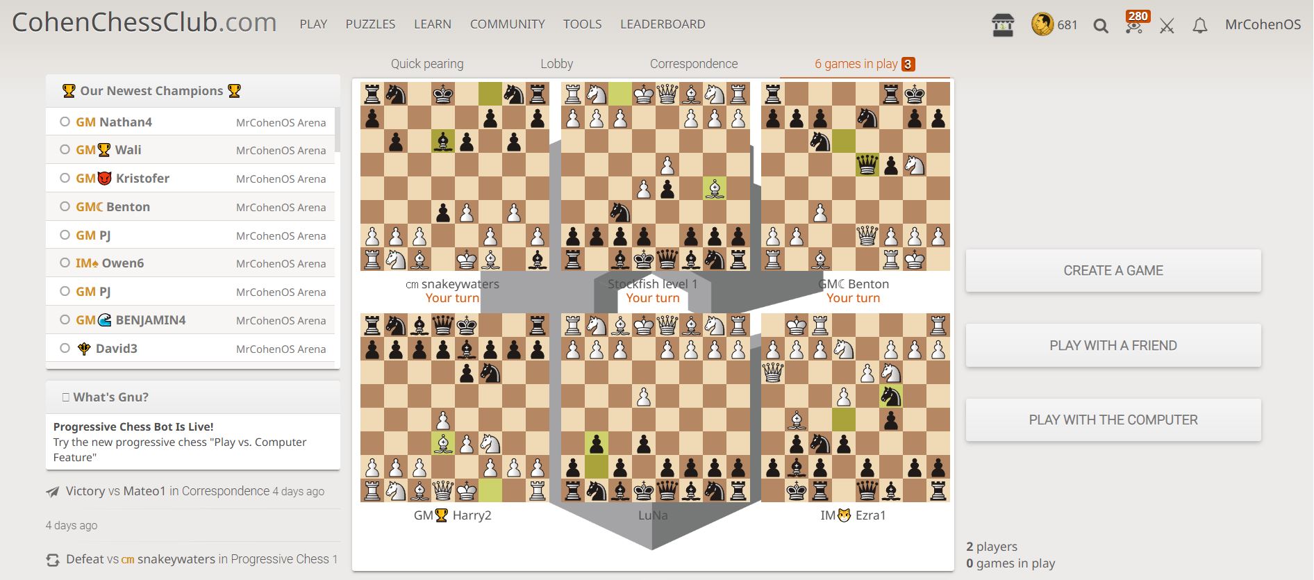 CohenChessClub.com live lobby showing 6 simultaneous chess games in progress — GM Nathan4, Wali, Kristofer and other students competing in the MrCohenOS Arena tournament