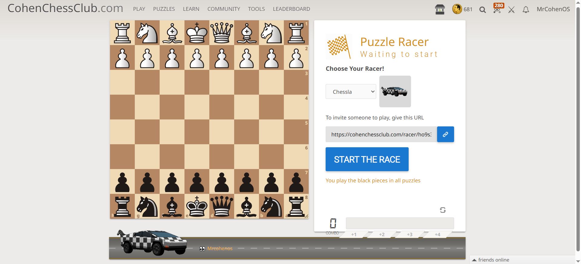 Puzzle Racer on CohenChessClub.com — students race to solve chess tactics as fast as possible, choosing their racer and competing on a live track with combo scoring