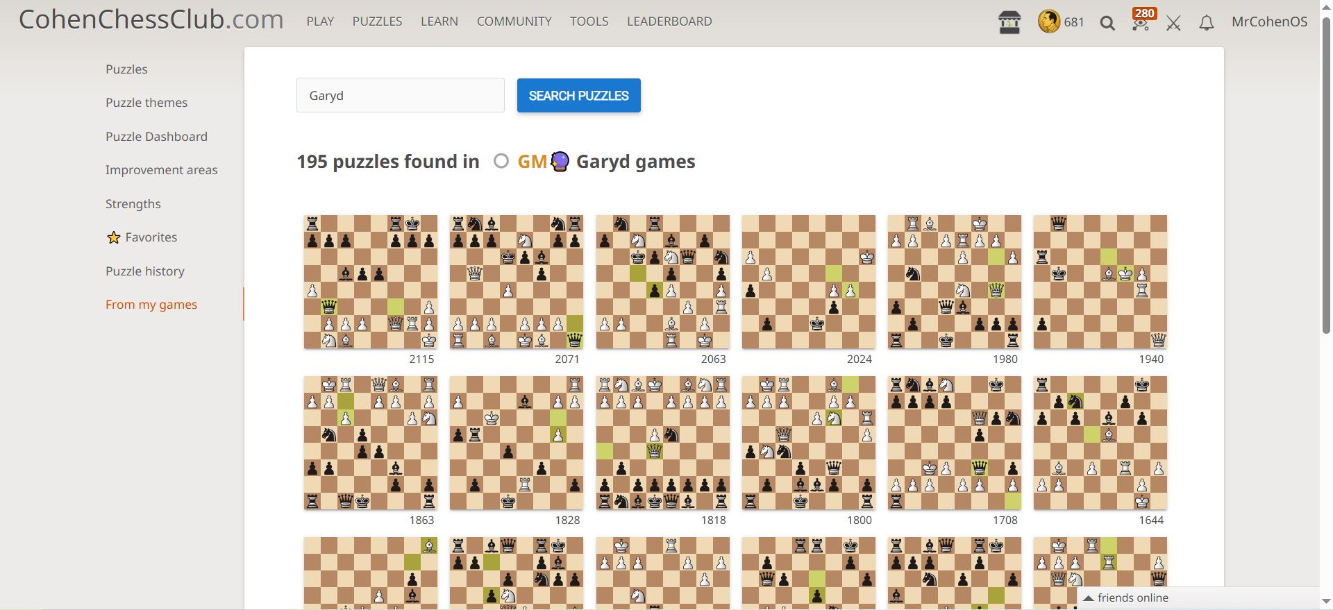 Chess puzzle dashboard on CohenChessClub.com showing 195 personalized puzzles from a student's own games — tactical training built directly from real tournament play